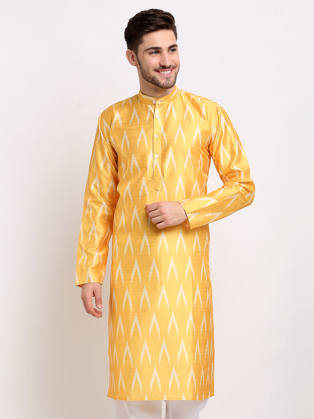 Men's Mustard Dupion Ikkat Kurta Only
