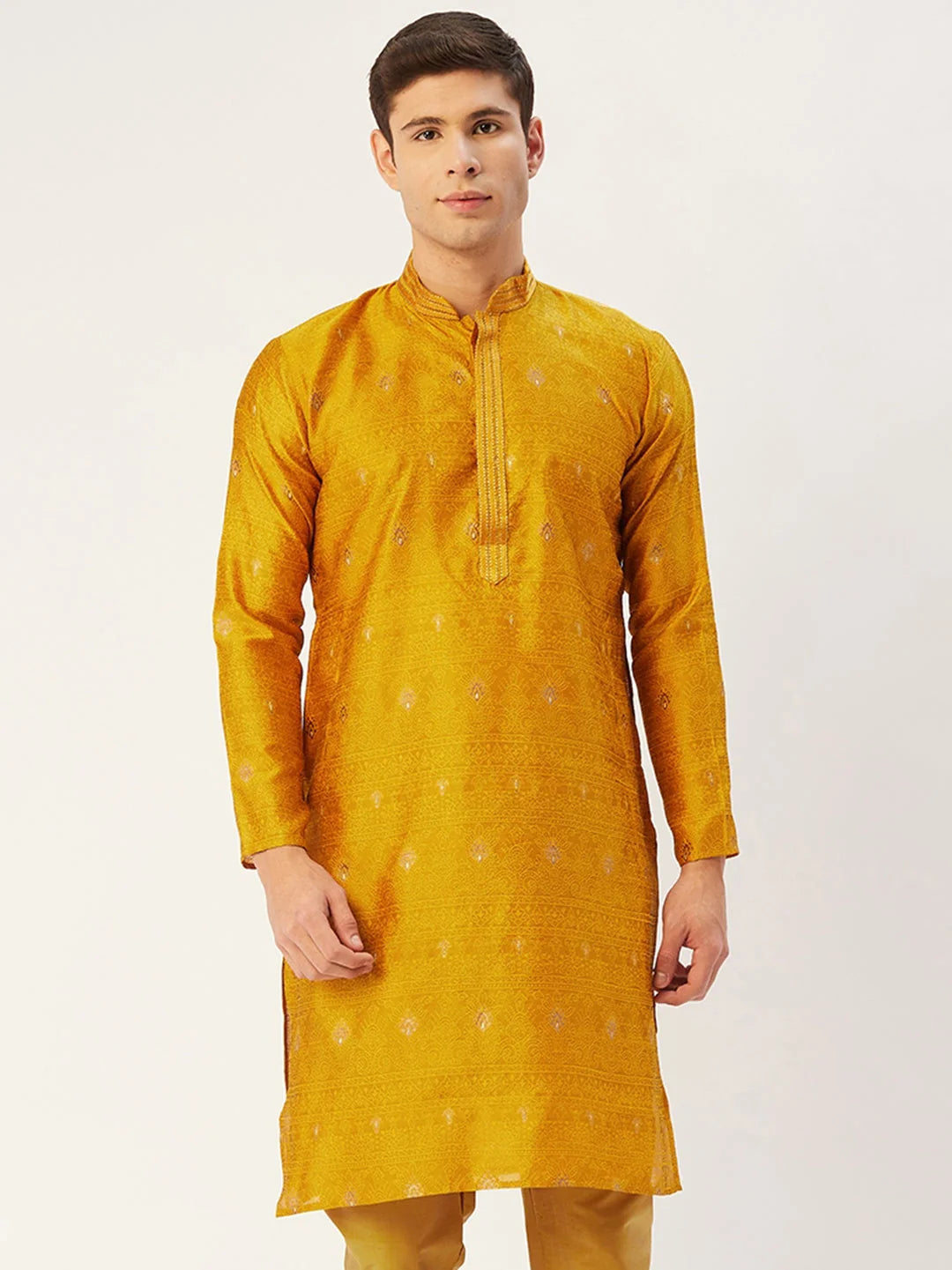 Men's Mustard Coller Embroidered Woven Design Kurta Only