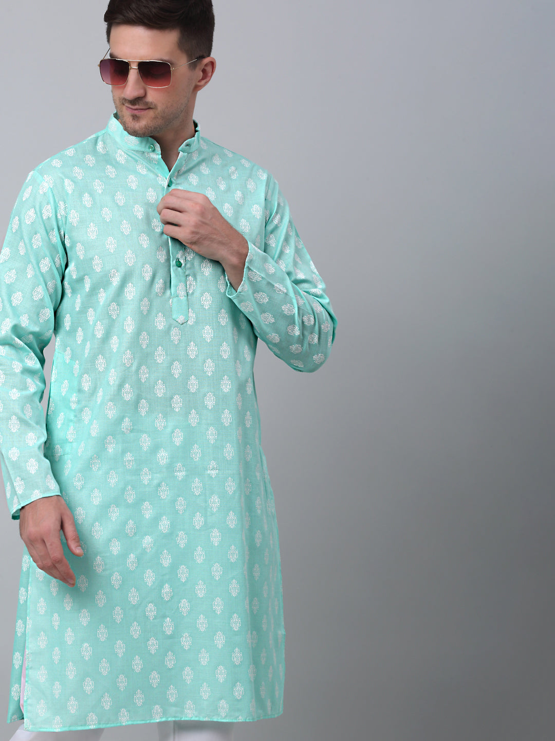 Men's Green Cotton Floral printed kurta Only