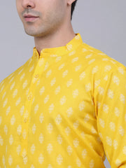 Men's Cotton Floral printed kurtas ( KO 650Lemon )-KO-650