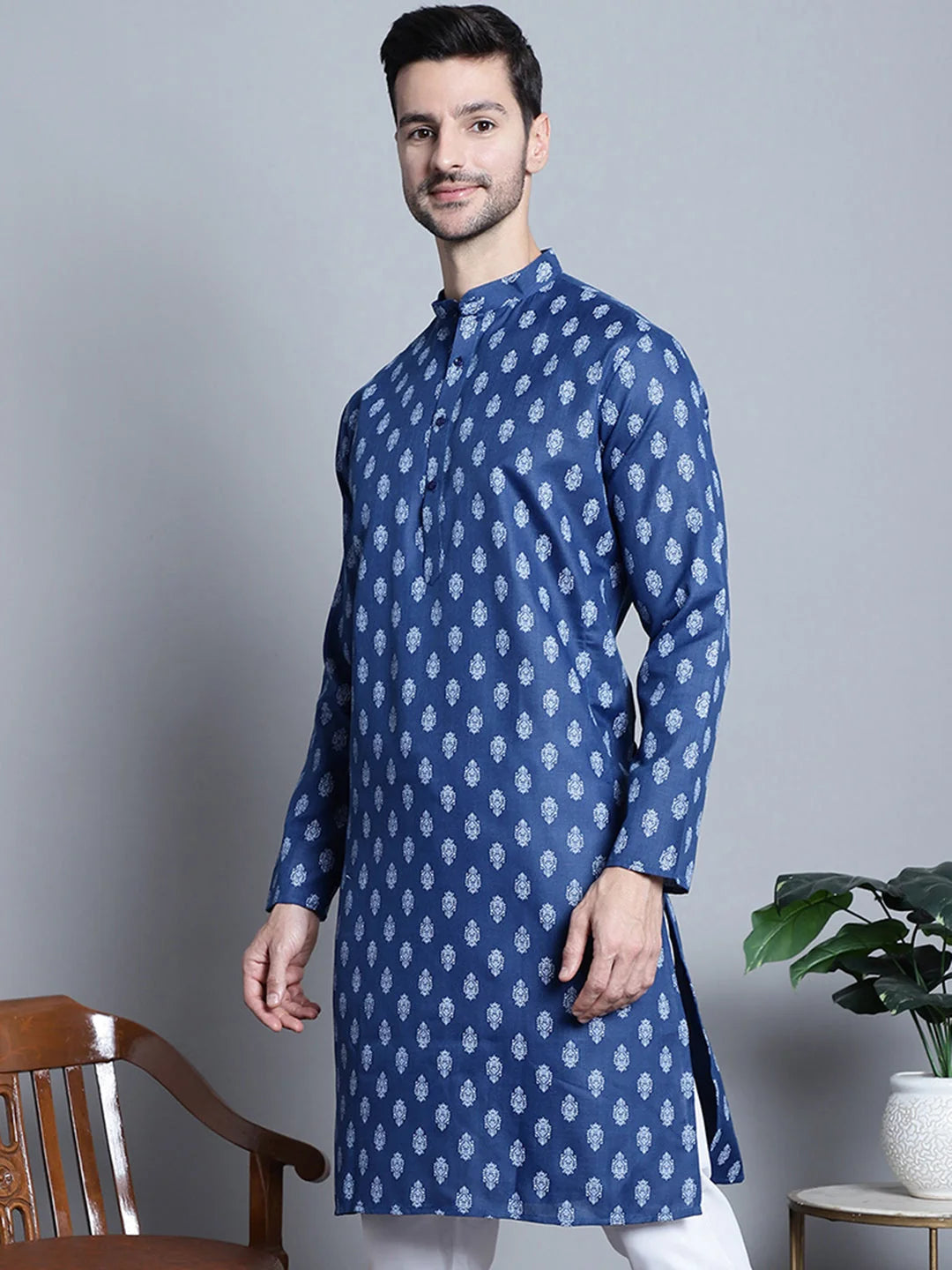 Light Floral Printed Men's Cotton Kurta | Indian Kurta