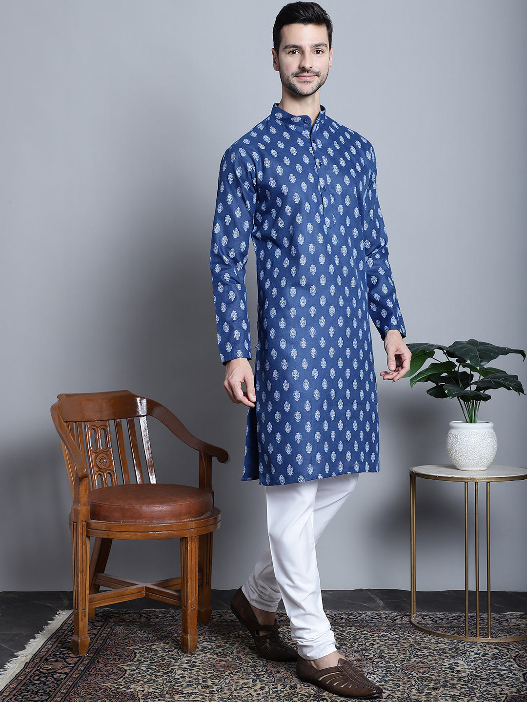 Light Floral Printed Men's Cotton Kurta | Indian Kurta