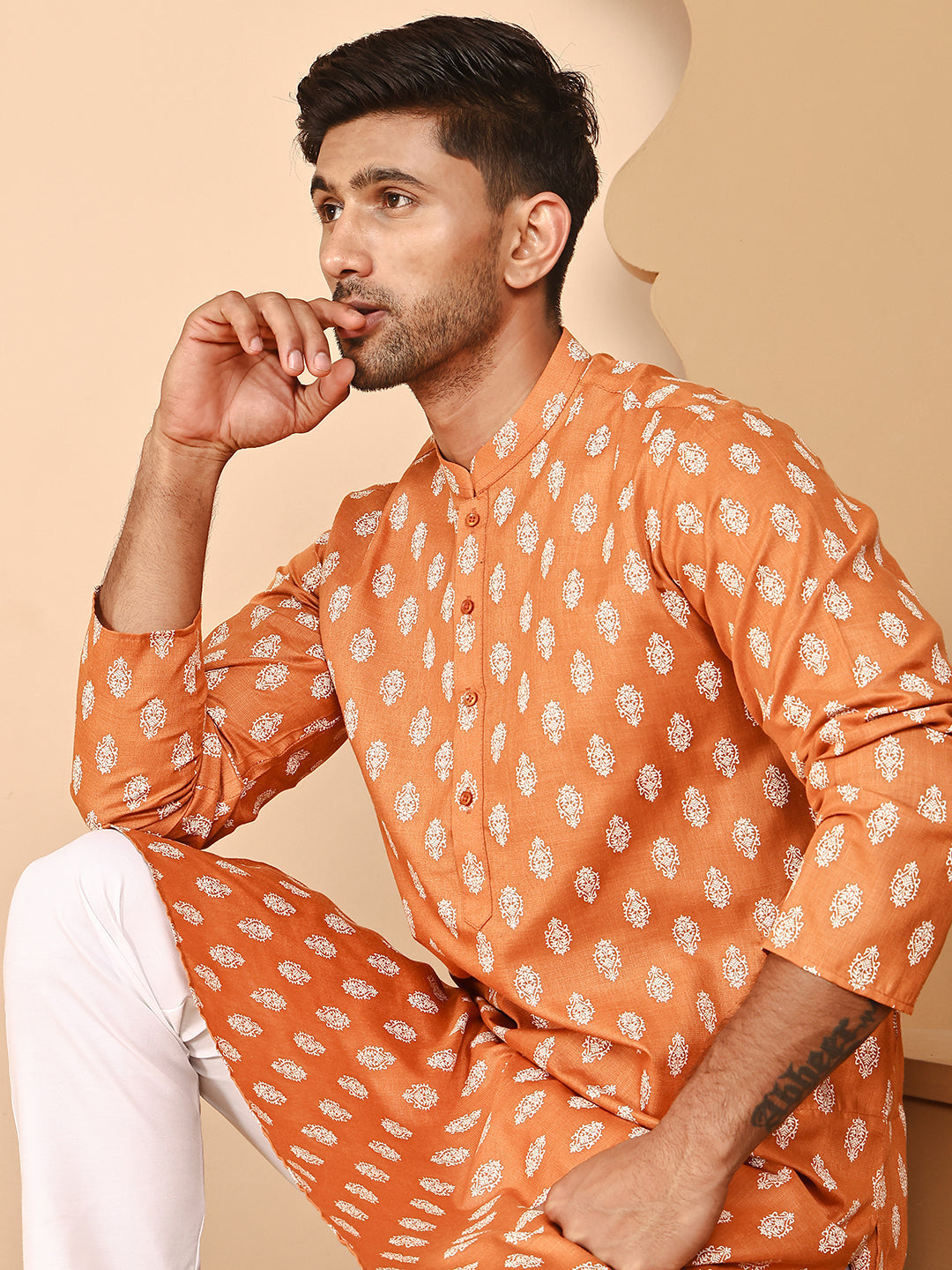 DesiQlo Men Printed Kurta Only - Orange - KO_650Orange_S