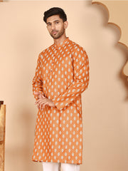 Floral Printed Kurtas for Men (KO 650 Orange ) [FF] [Q-1-6]