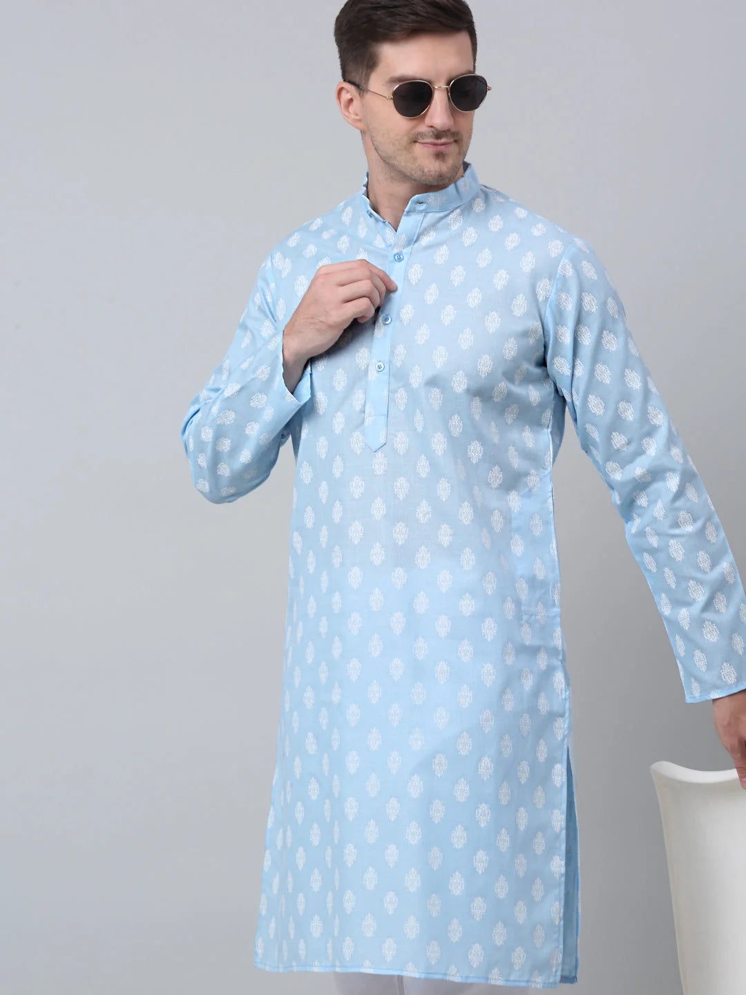 Sky Cotton Floral Kurta | Indian Kurta for Men