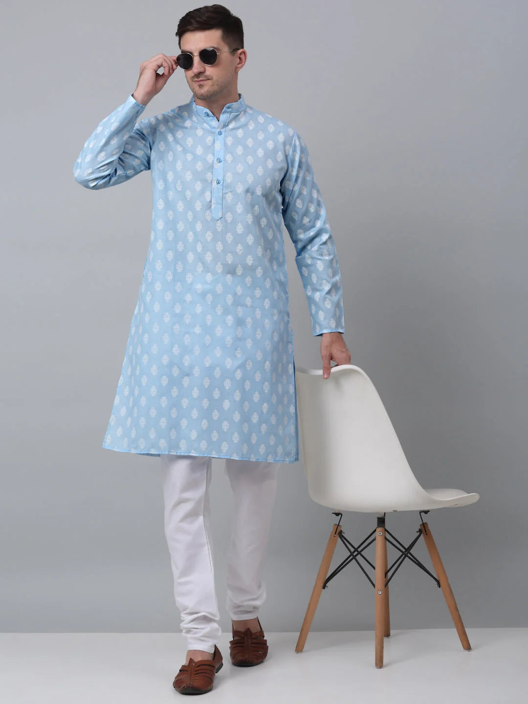 Sky Cotton Floral Kurta | Indian Kurta for Men