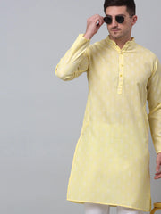 Men's Yellow Cotton Floral printed kurta Only