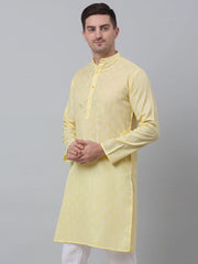Men's Yellow Cotton Floral printed kurta Only