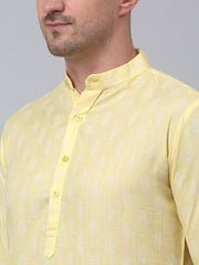 Men's Yellow Cotton Floral printed kurta Only