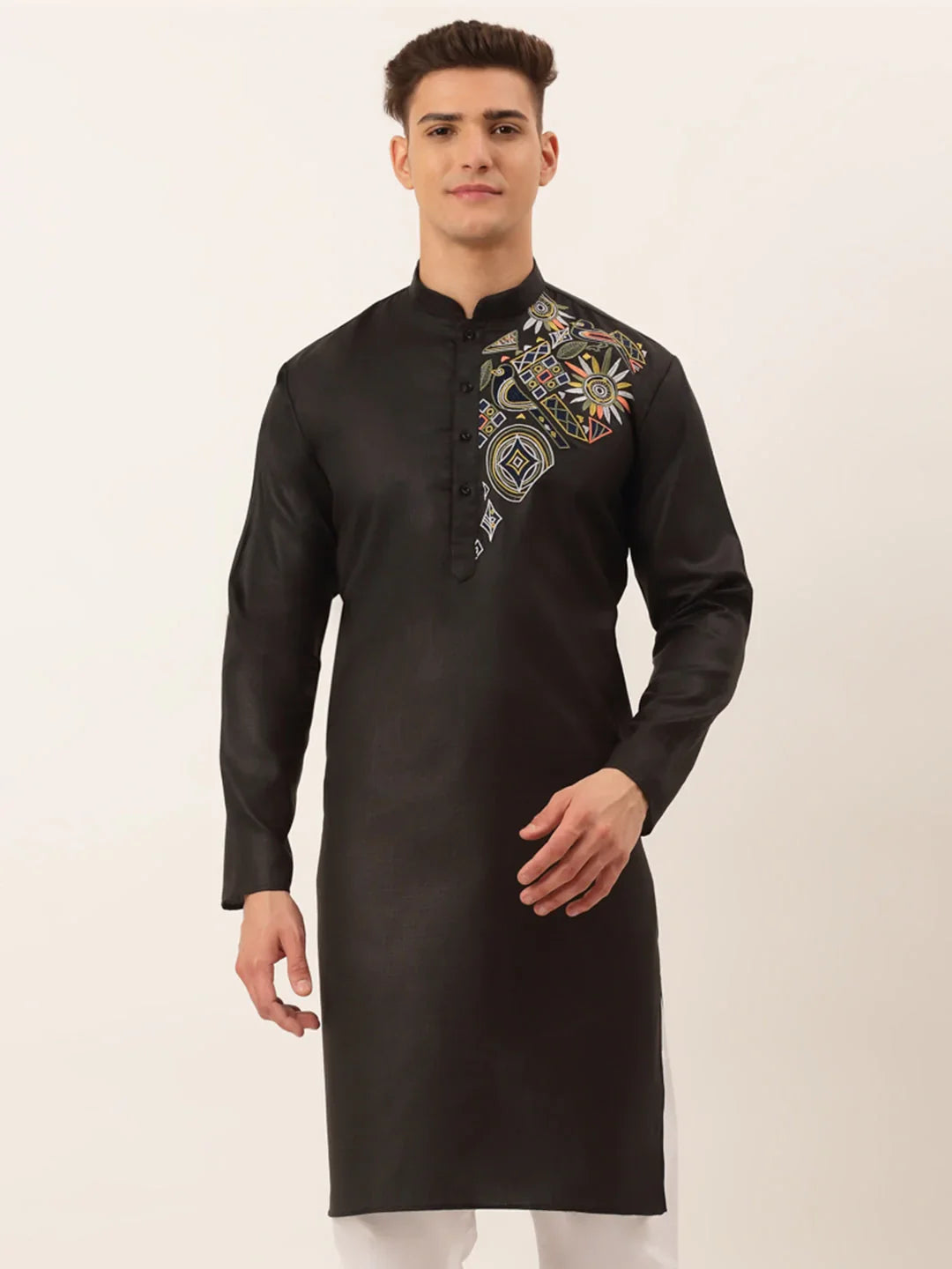 Men's Cotton Embroidered Kurtas ( KO 655 Black )