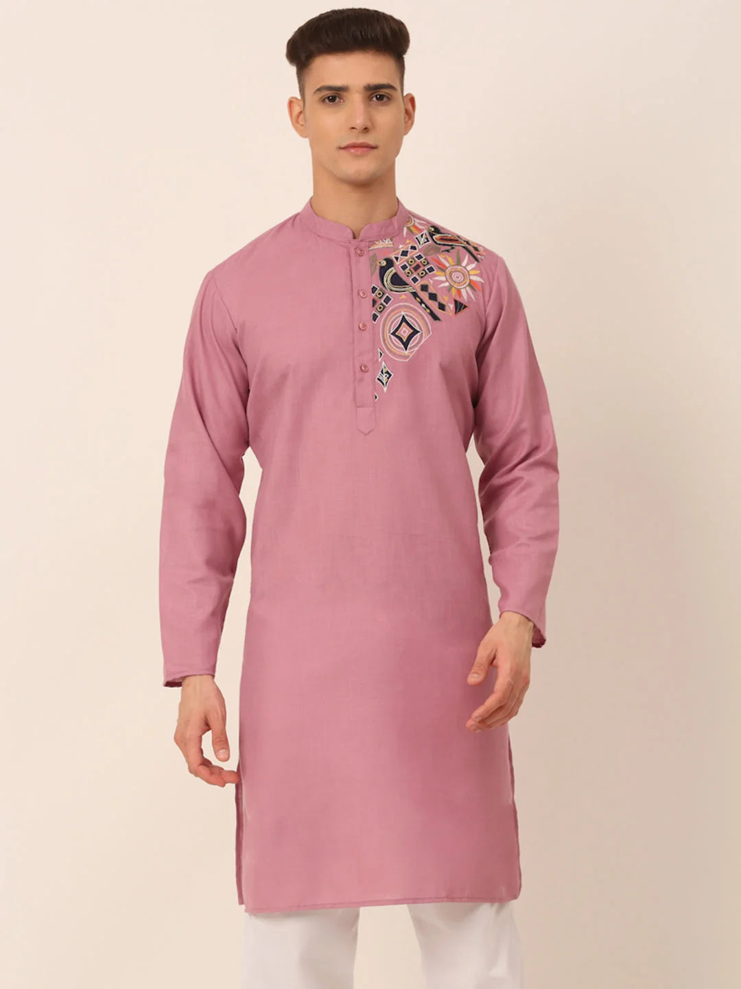 Men's Cotton Embroidered Kurta ( KO 655Magenta )-KO-655