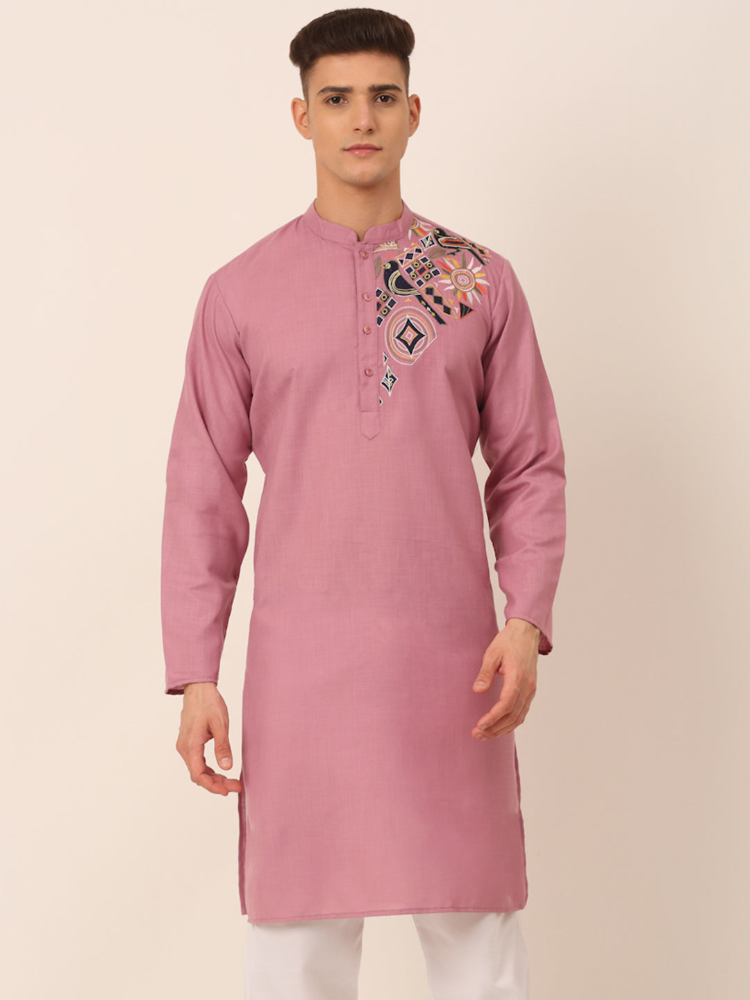 Magenta Embroidered Men's Kurta - Cotton Indian Kurta for Men