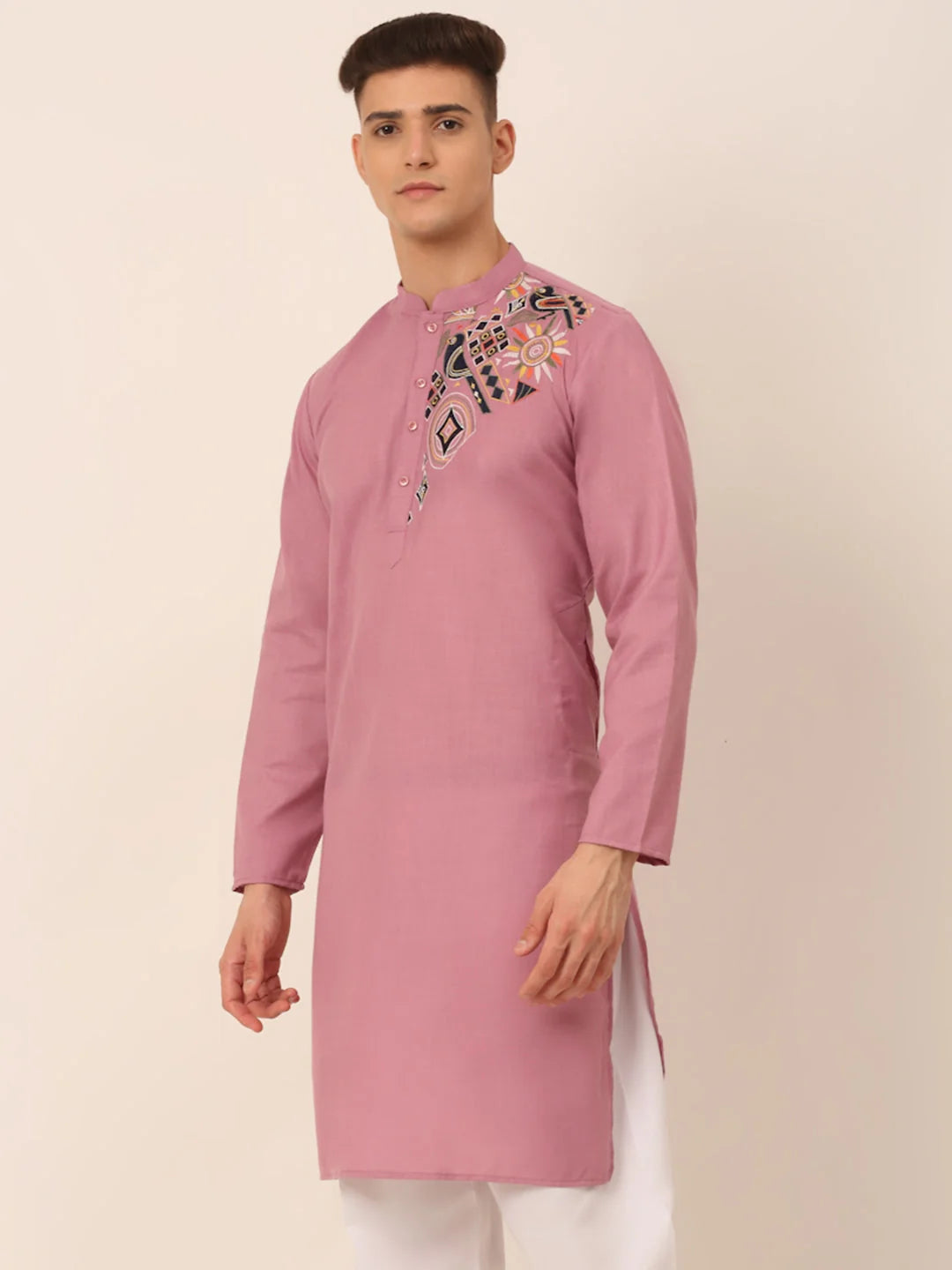 Magenta Embroidered Men's Kurta - Cotton Indian Kurta for Men
