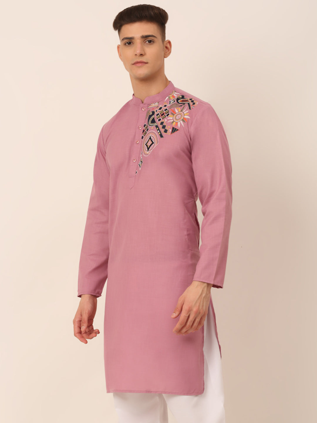 Magenta Embroidered Men's Kurta - Cotton Indian Kurta for Men