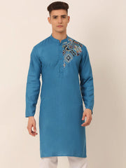 Men's Cotton Embroidered Kurta ( KO 655Peacock )-KO-655
