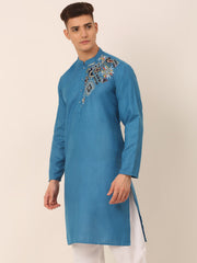 Men's Cotton Embroidered Kurta ( KO 655Peacock )-KO-655