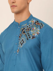 Men's Cotton Embroidered Kurta ( KO 655Peacock )-KO-655