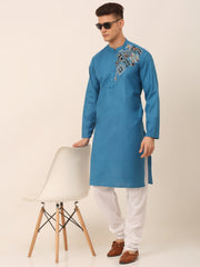 Men's Cotton Embroidered Kurta ( KO 655Peacock )-KO-655