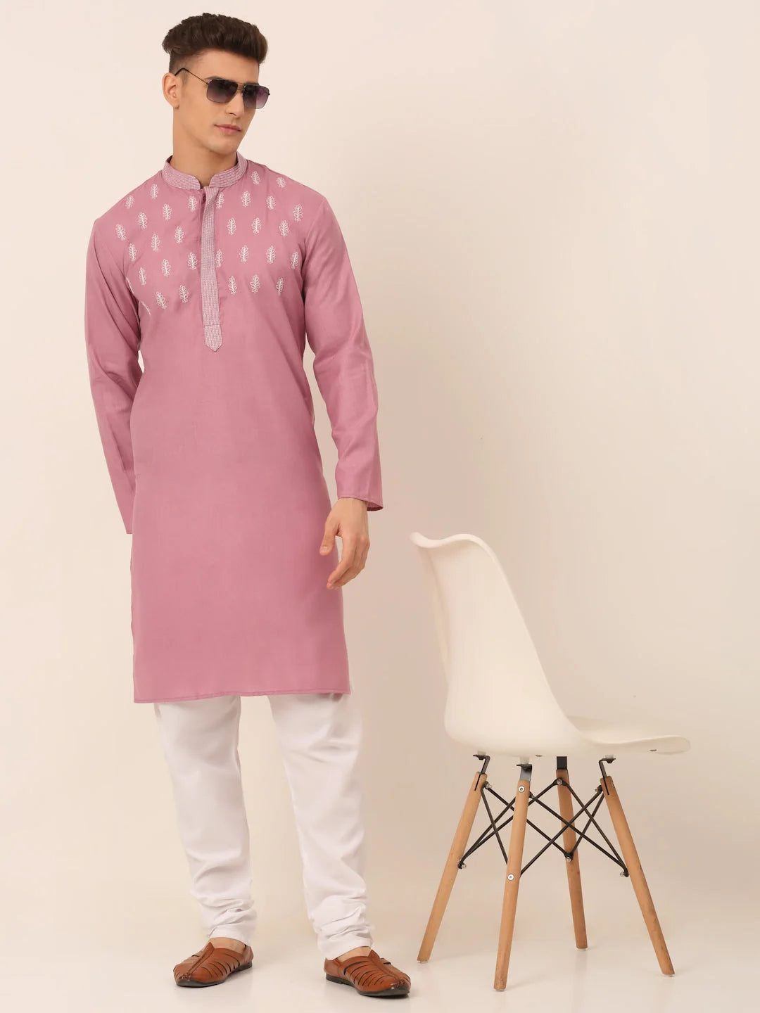 Magenta Pink Embroidered Kurta - Wedding Kurta for Men