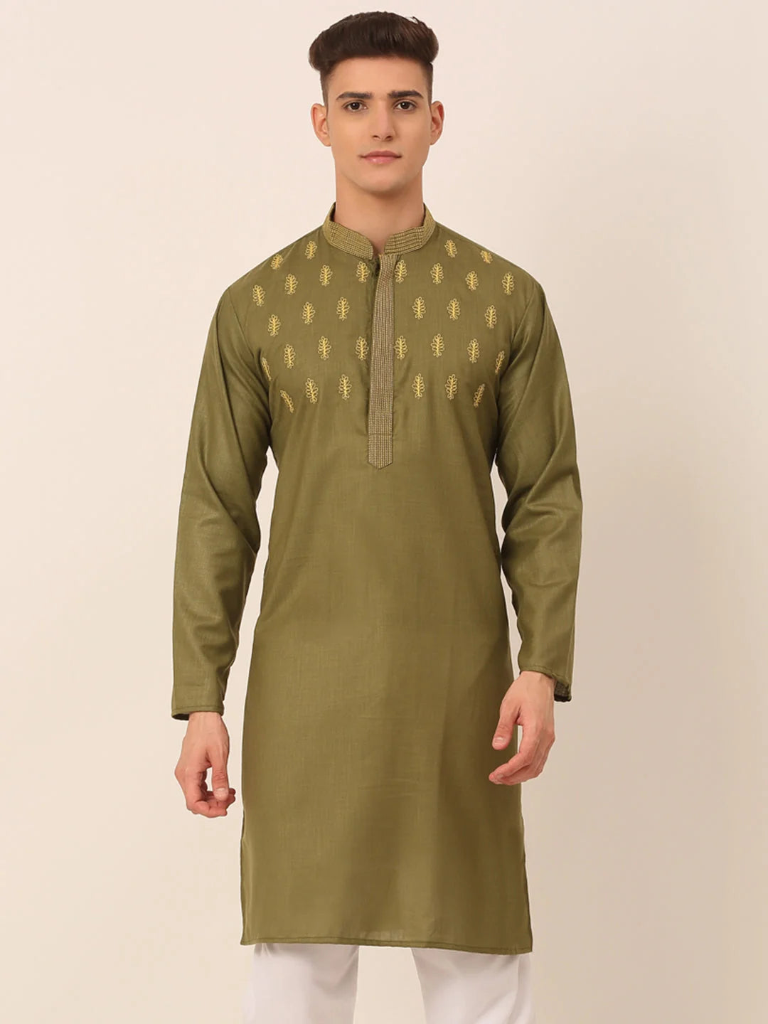 Men's Olive Green Embroidered Kurtas ( KO 656Olive )-KO-656