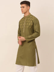 Men's Olive Green Embroidered Kurtas ( KO 656Olive )-KO-656