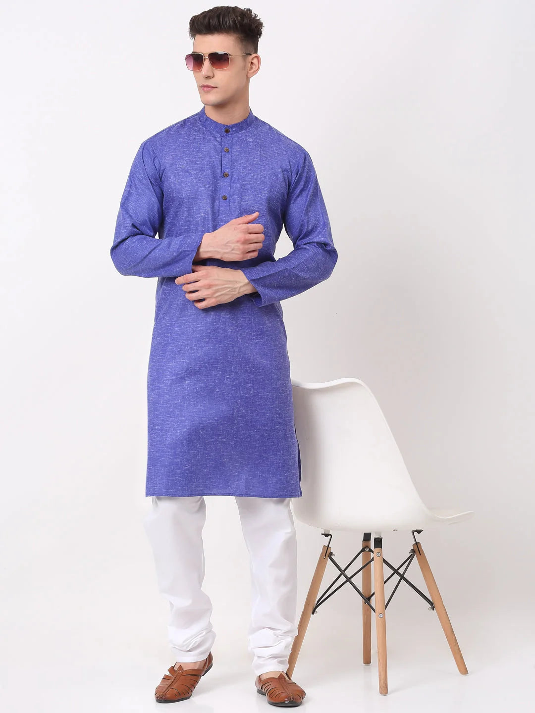 Men's Blue Cotton Kurta - Solid Indian Kurta for Men