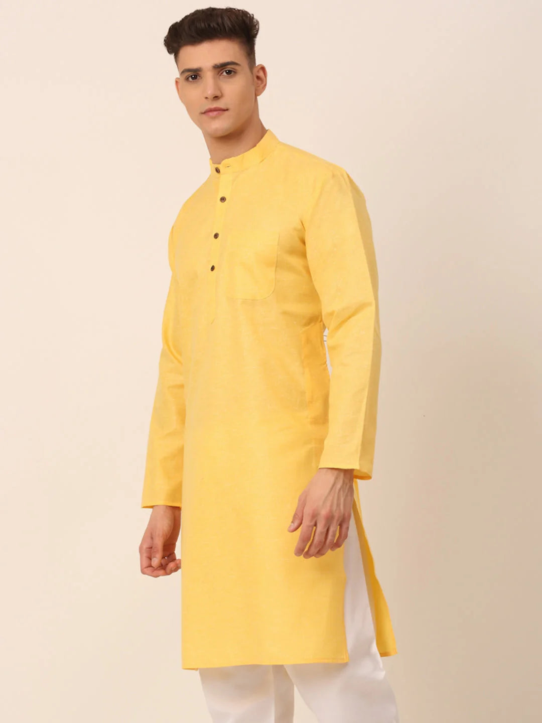 Yellow Cotton Mens Kurta - Short Kurta for Men, Indian Kurta
