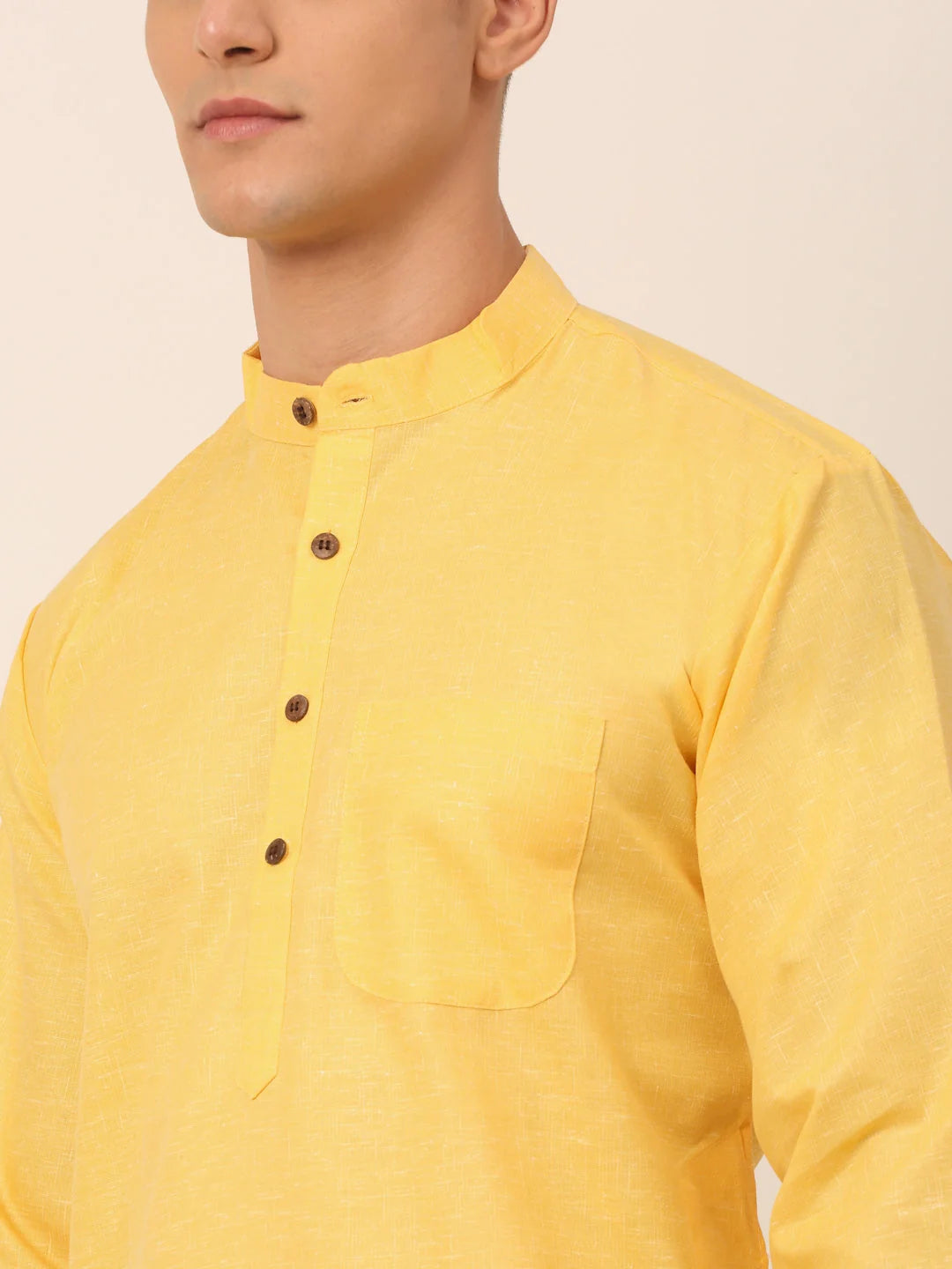 Yellow Cotton Mens Kurta - Short Kurta for Men, Indian Kurta