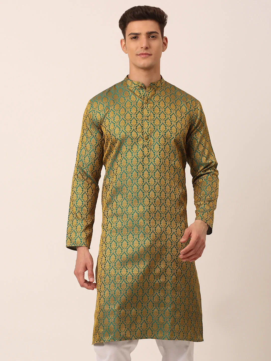 Men's Woven Design Jacquard Kurtas ( KO 658 Green )