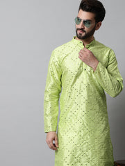 Men Lime Green Embroidered Mirror Work Dupion Silk Kurtas ( KO 659Lime )-KO-659