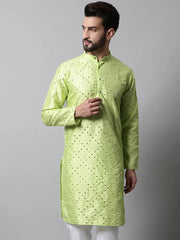 Men Lime Green Embroidered Mirror Work Dupion Silk Kurtas ( KO 659Lime )-KO-659