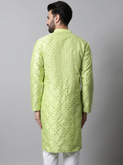 Men Lime Green Embroidered Mirror Work Dupion Silk Kurtas ( KO 659Lime )-KO-659