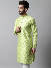 Men Lime Green Embroidered Mirror Work Dupion Silk Kurtas ( KO 659Lime )-KO-659