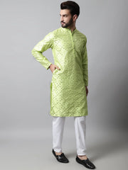 Men Lime Green Embroidered Mirror Work Dupion Silk Kurtas ( KO 659Lime )-KO-659