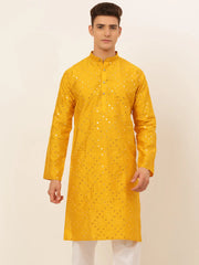 Men's Dupion Silk Embroidered Kurtas ( KO 659Mustard )-KO-659