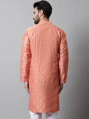 Men Peach Embroidered Mirror Work Dupion Silk Kurtas ( KO 659Peach )-KO-659