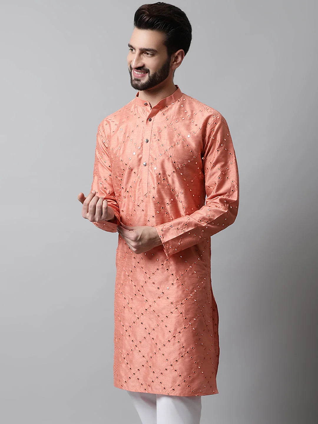 Peach Embroidered Dupion Silk Kurta | Indian Kurta for Men