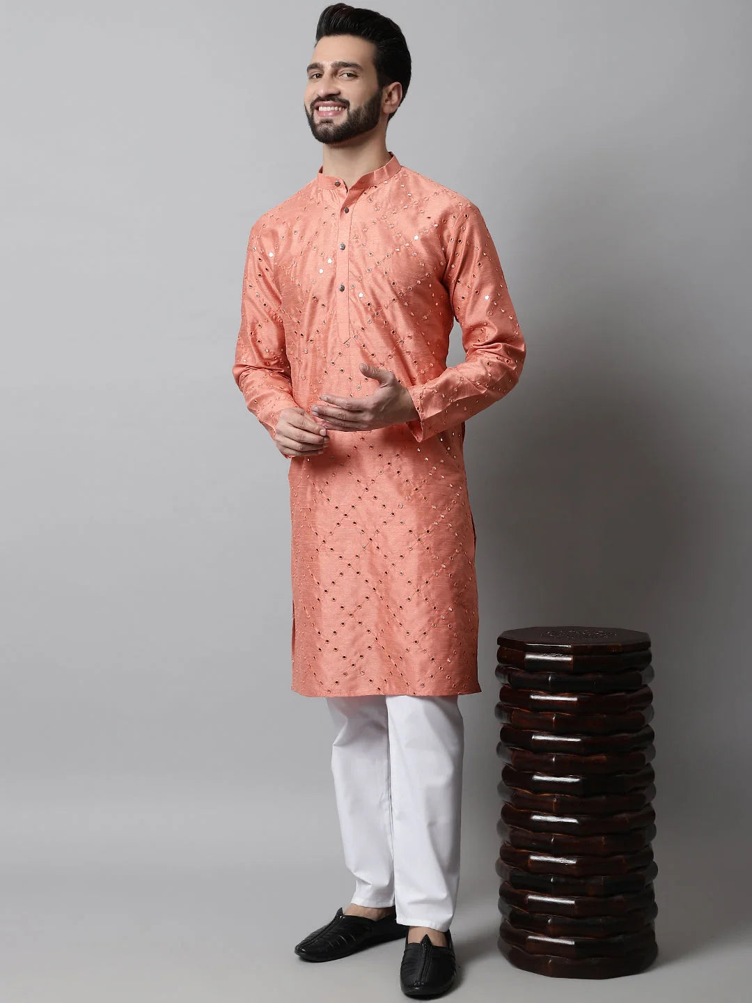 Peach Embroidered Dupion Silk Kurta | Indian Kurta for Men