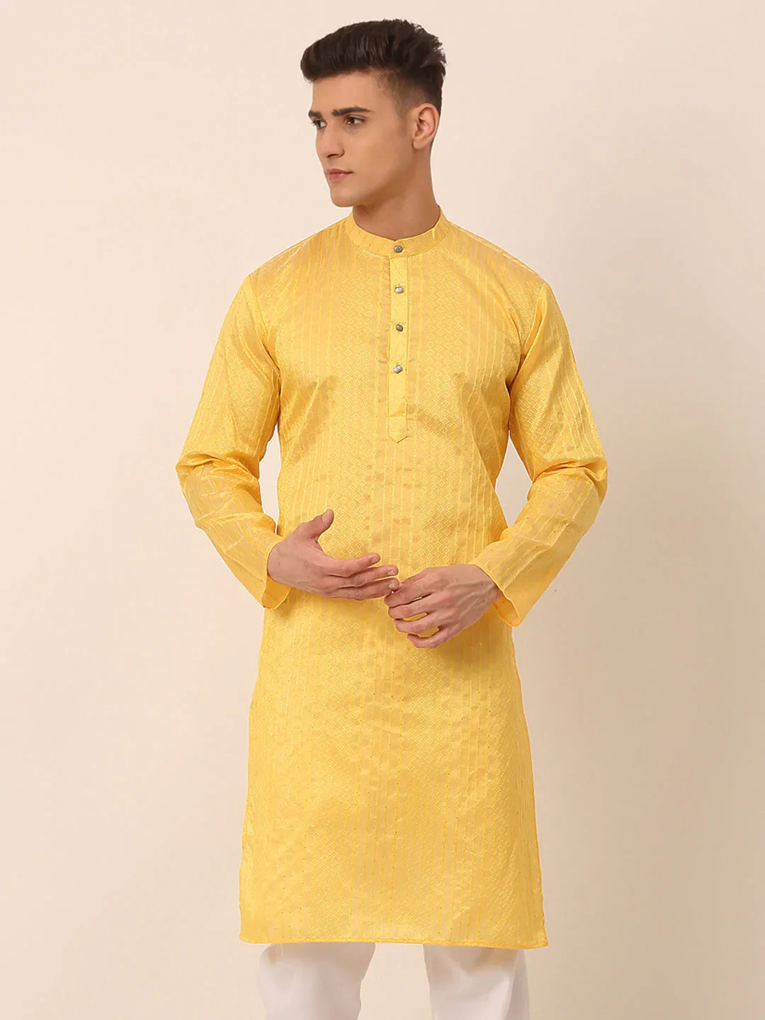 Men's Silk Blend Sequence Embroidered Kurta Only ( KO 661 Yellow )
