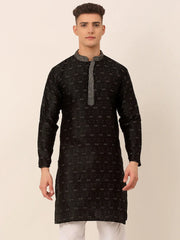 Men's Silk Blend Collar Embroidered Kurta only ( KO 662 Black )