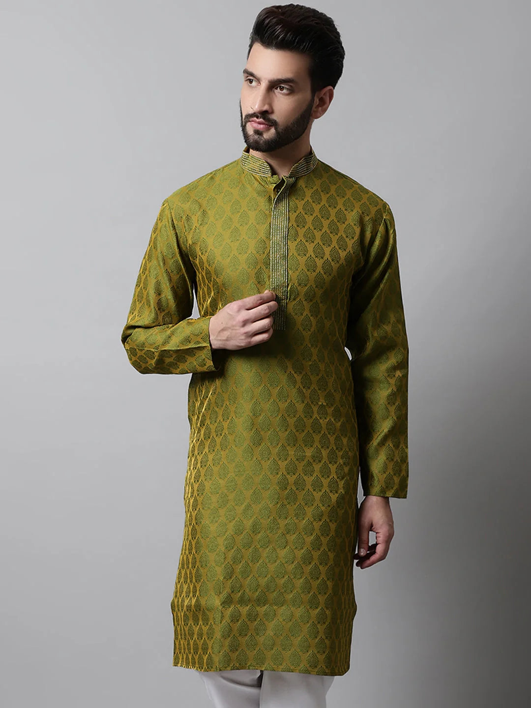 Olive & White Woven Design Mens Kurta | Indian Kurta for Men