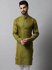 Men Olive Green and White Woven Design Kurtas ( KO 663Olive )-KO-663