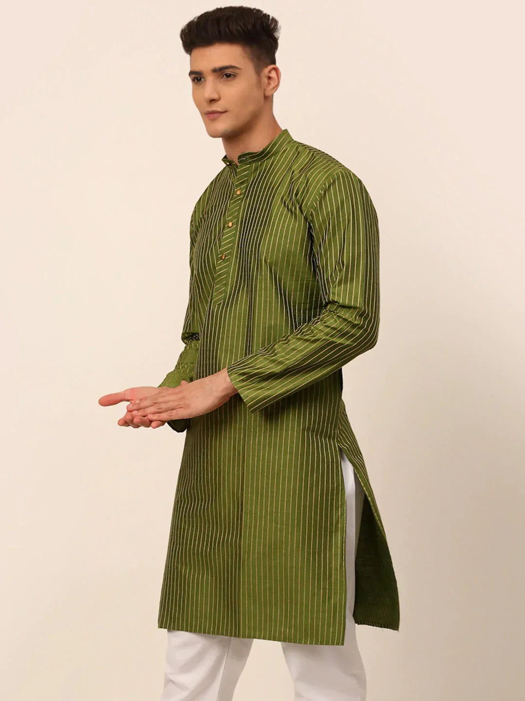 Olive Green Embroidered Mens Kurta Pajama Set | Cotton Kurta