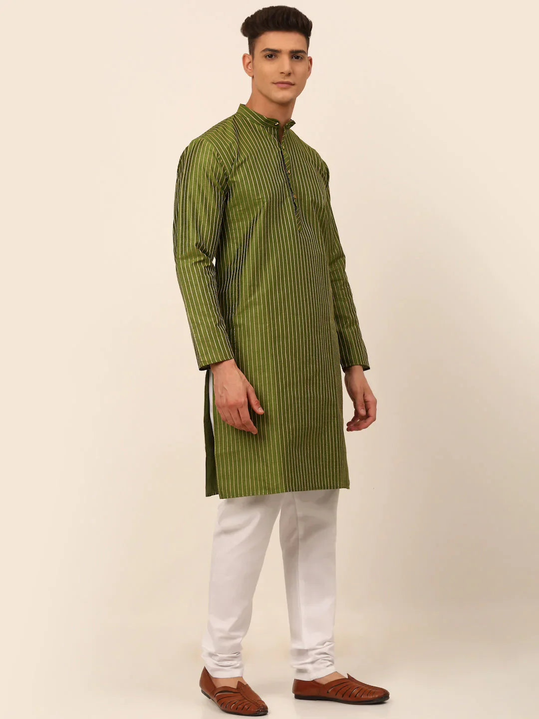 Olive Green Embroidered Mens Kurta Pajama Set | Cotton Kurta