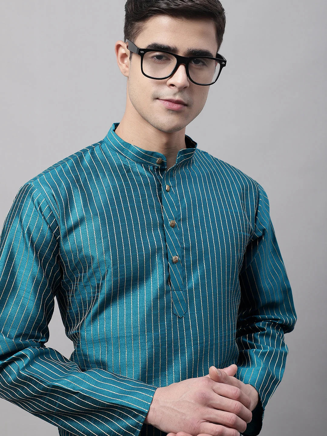 Men Peacock Blue Embroidered Design Kurtas-KO-666