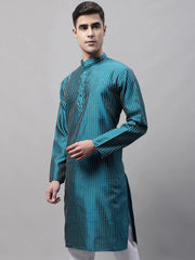 Men Peacock Blue Embroidered Design Kurtas-KO-666