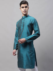 Men Peacock Blue Embroidered Design Kurtas-KO-666
