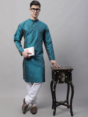 Men Peacock Blue Embroidered Design Kurtas-KO-666