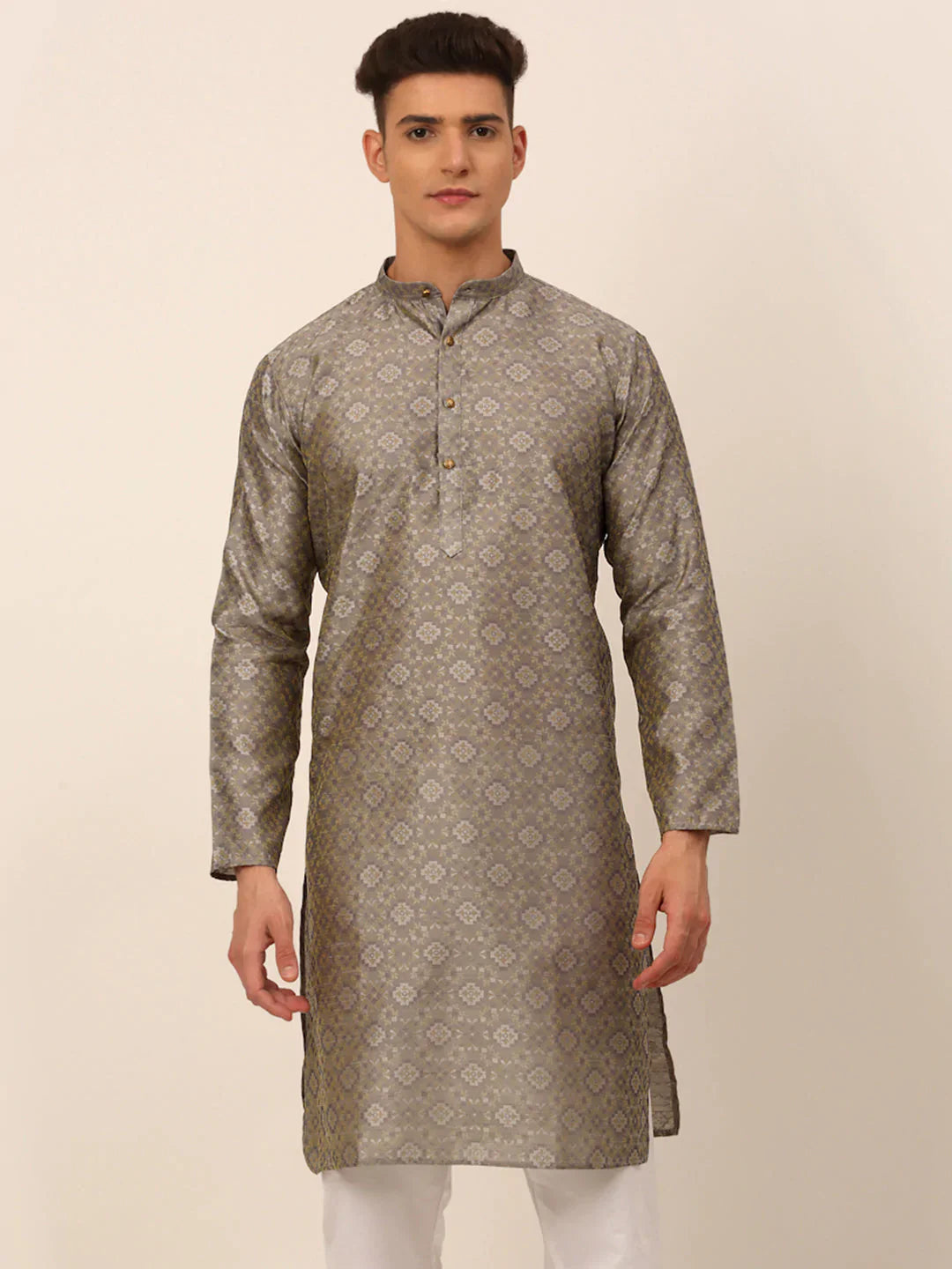Grey Floral Printed Mens Kurta Pajama Set - Cotton Kurta