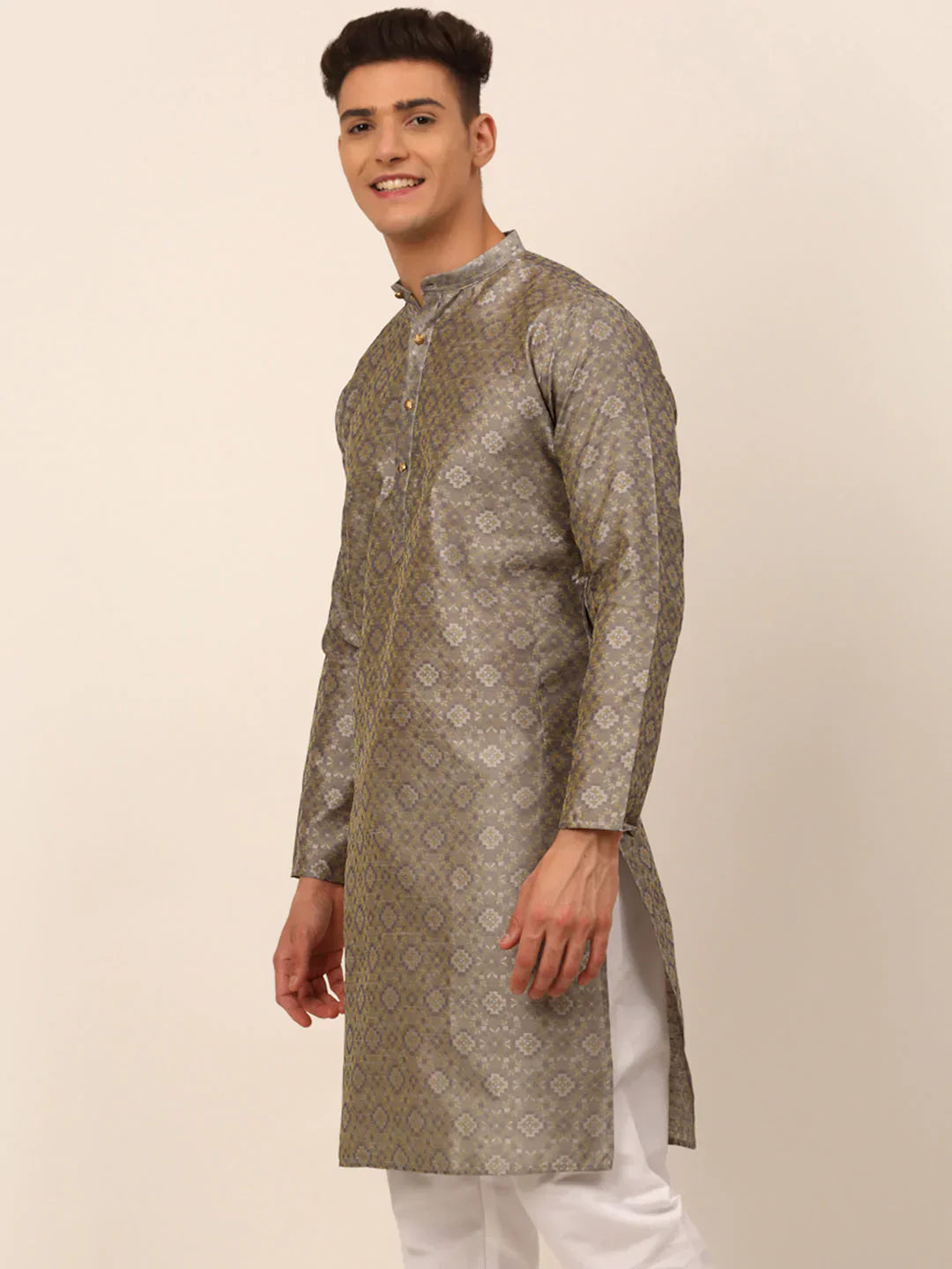 Grey Floral Printed Mens Kurta Pajama Set - Cotton Kurta